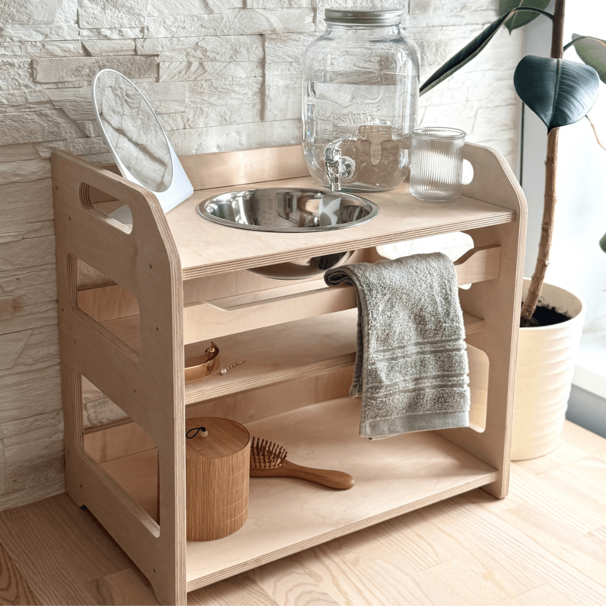 Montessori Tvättställe & Handfat med Förvaring i Trä för Barn - Liten