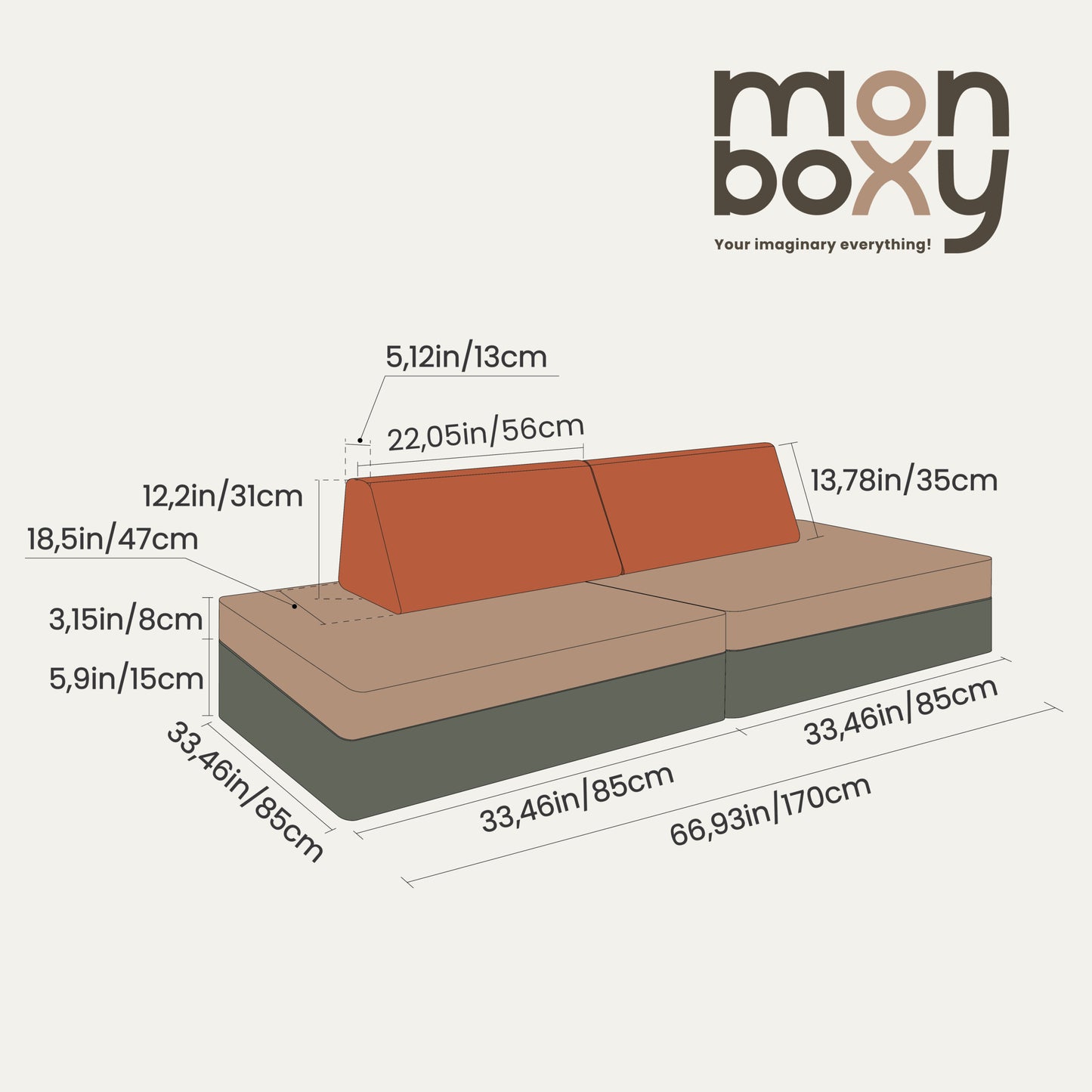 Montessori Beige Block Barnsoffa / Leksoffa - Från 1 - 16 år