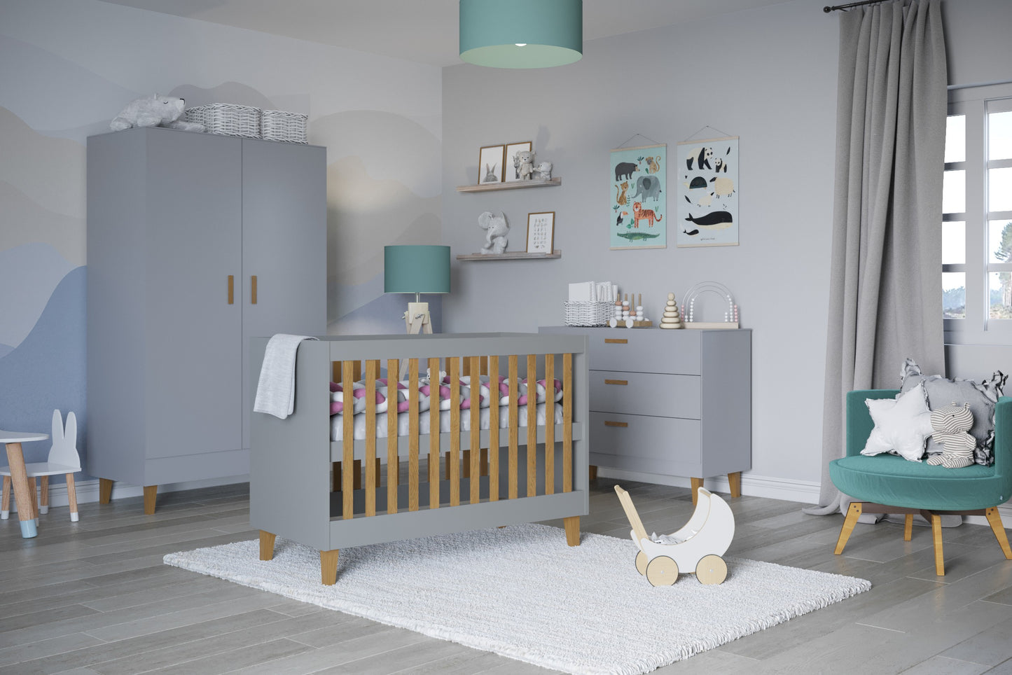 Kubi Grå Spjälsäng i Trä - Skandinavisk Design