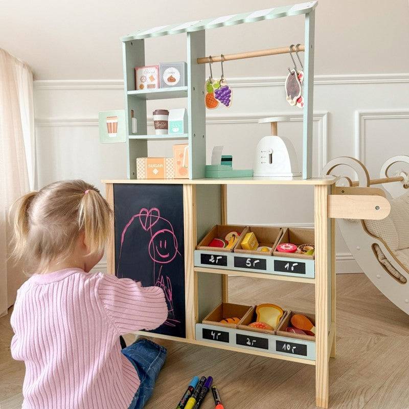 Marknadsstånd / Butiksbod i Trä och Mintgrön Barn 3+ (73 delar)