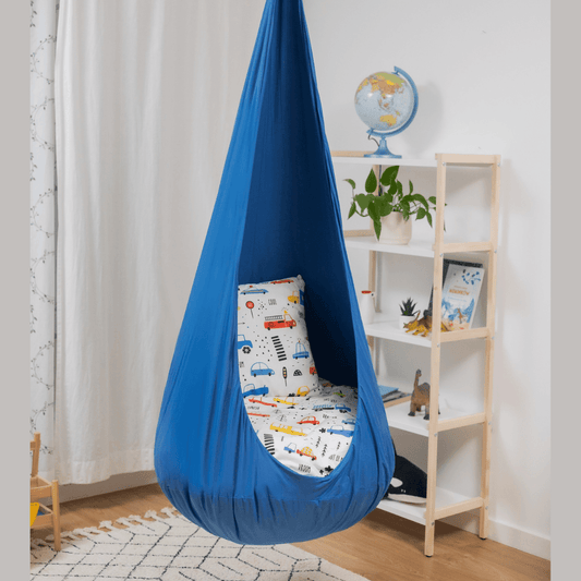 Extra Stor Blå Hängstol Med Biltryck på Sittpuff & Kudde