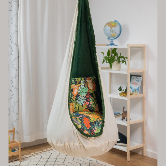 Extra Stor Kräm & Grön Hängstol Med Djungel Sittpuff & Kudde