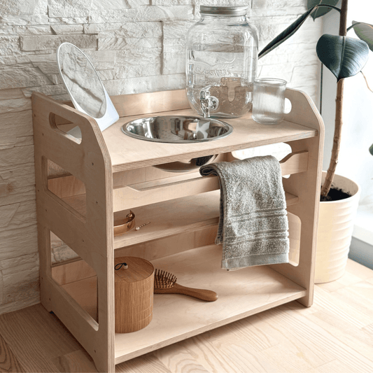 Montessori Tvättställe & Handfat med Förvaring i Trä för Barn - Liten