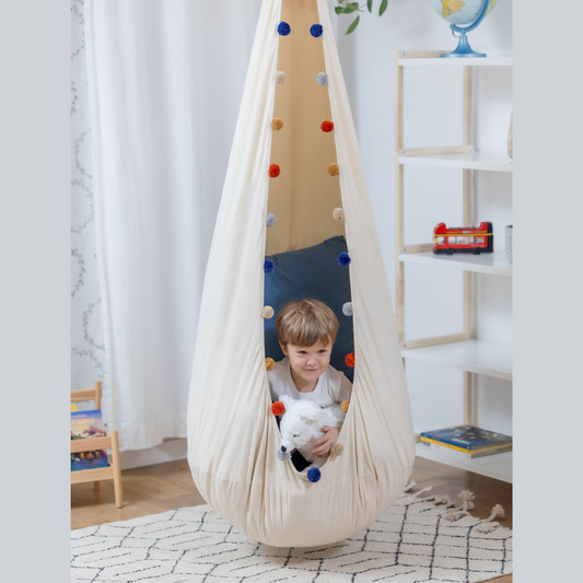 Extra Stor Kräm Hängstol Med Färglada Pompoms, Sittpuff & Kudde