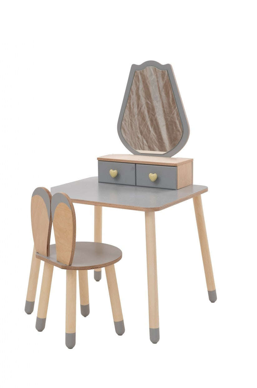 Grå Sminkbord för Barn med Tulpan Spegel & Kaninstol