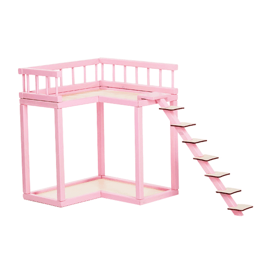 Tillbehör Dockhus - Balkong med Trappa Rosa Trä